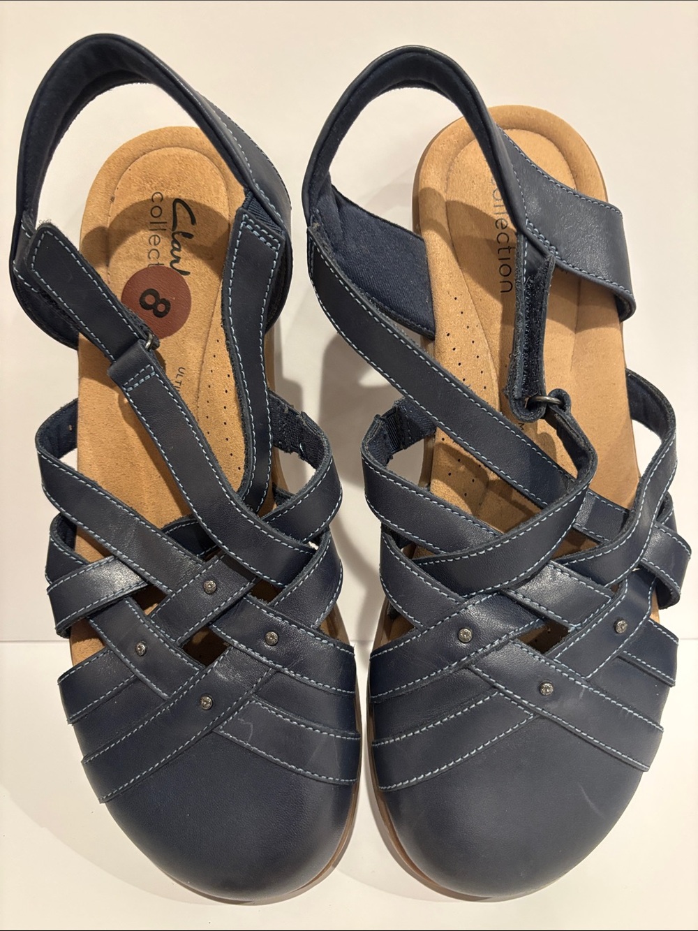 Clarks Navy Blue Leather Strappy Fisherman Sandals Slingback Size 8 M